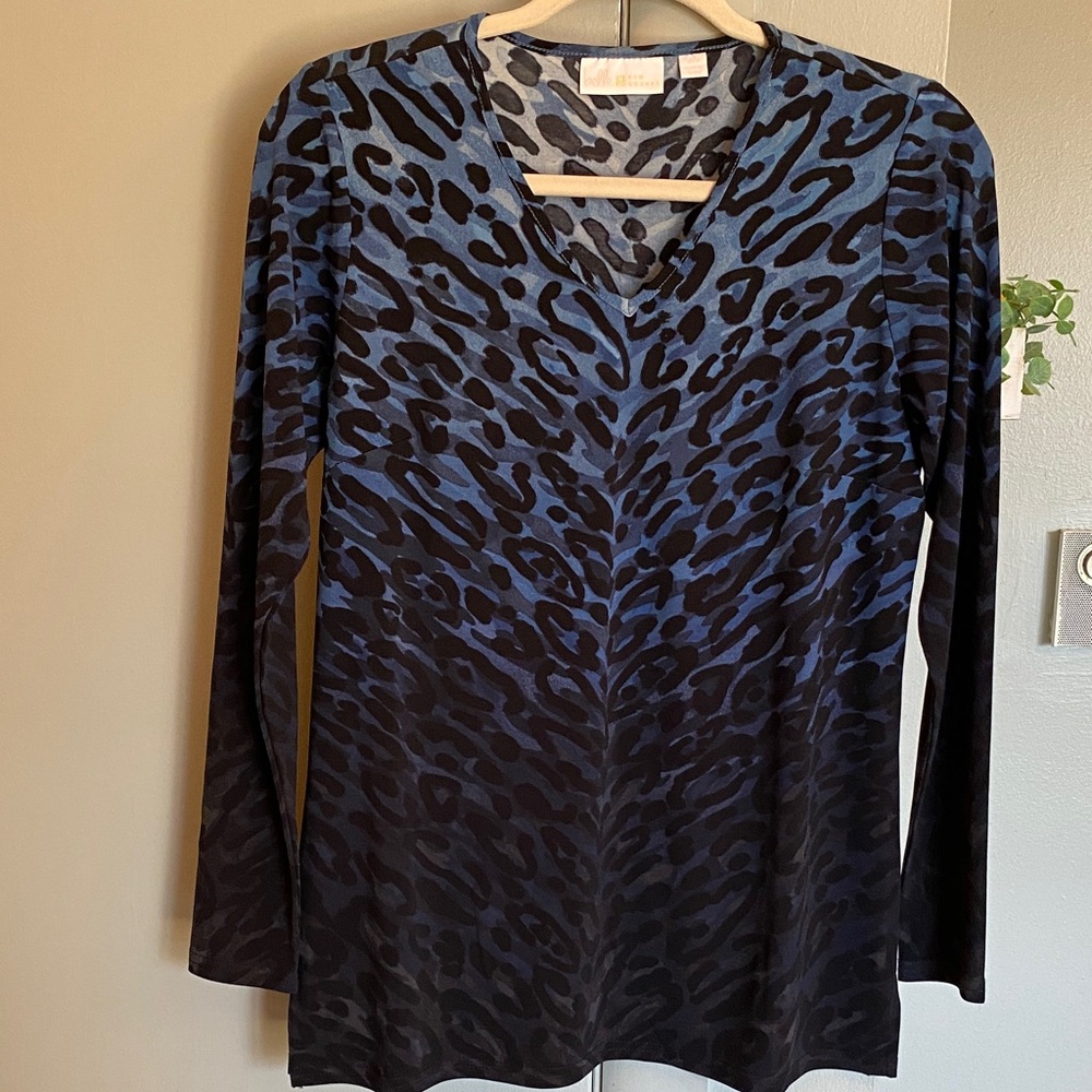 Belle by Kim Gravel Blue and Black Animal Print Top